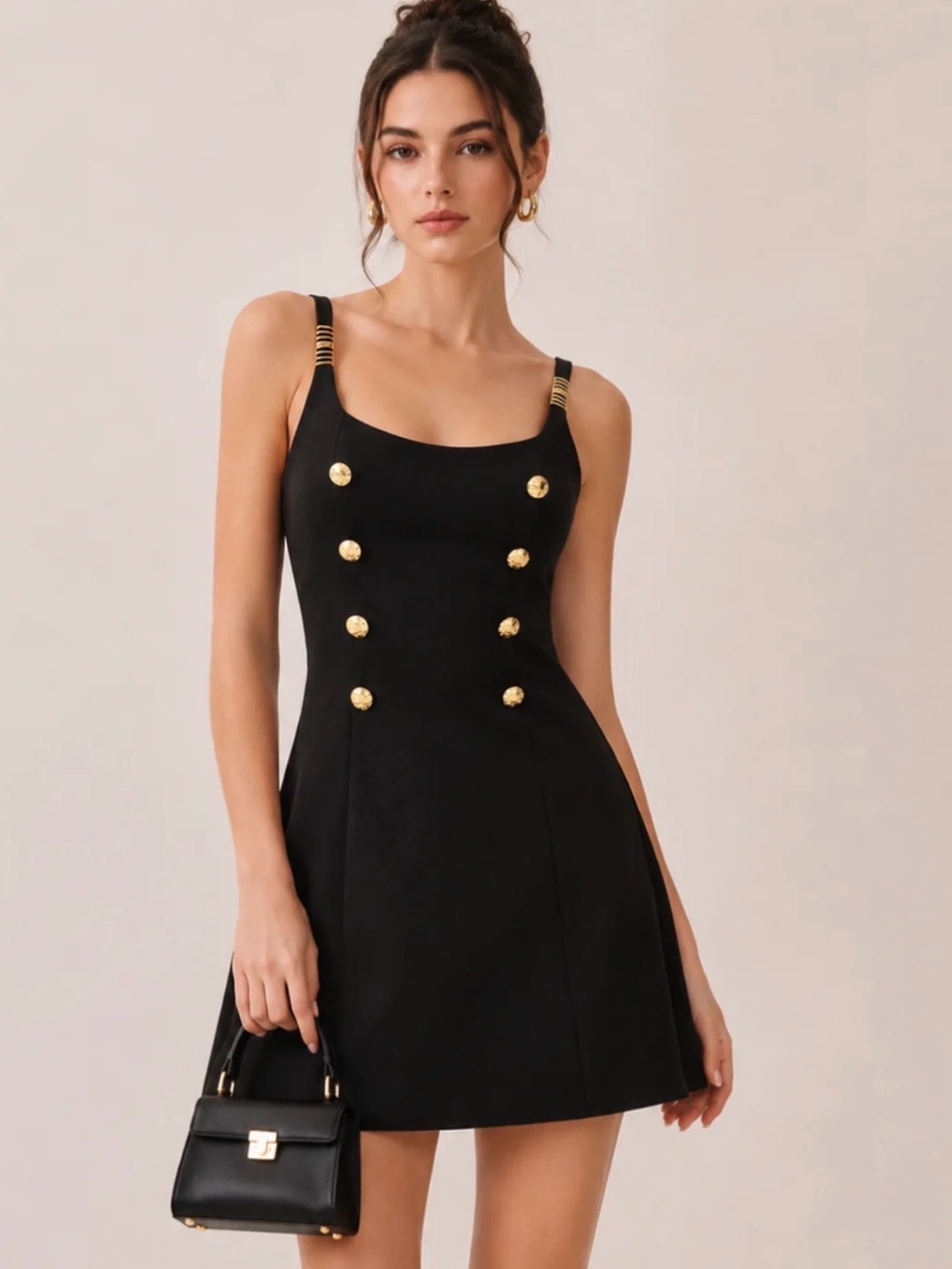 Commense Napoleon Double Breasted Linen Black Mini Dress with Gold Button Detail